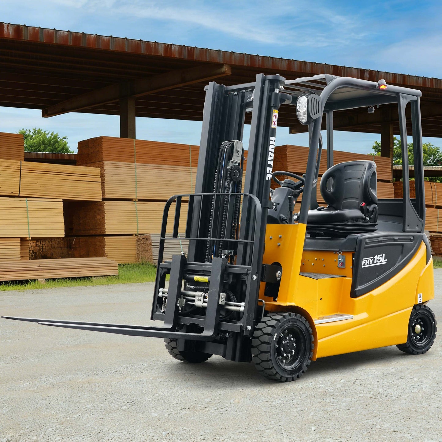 HUAYEE FHY15L 4-Wheel Electric Forklift | Lithium Battery | Max. Lifting Capacity: 2,645 lbs | Max. Lifting Height: 118 inches