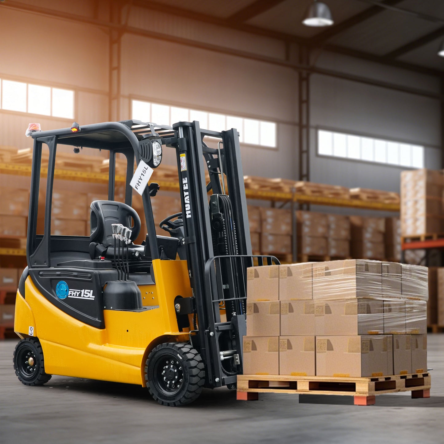 HUAYEE FHY15L 4-Wheel Electric Forklift | Lithium Battery | Max. Lifting Capacity: 2,645 lbs | Max. Lifting Height: 118 inches