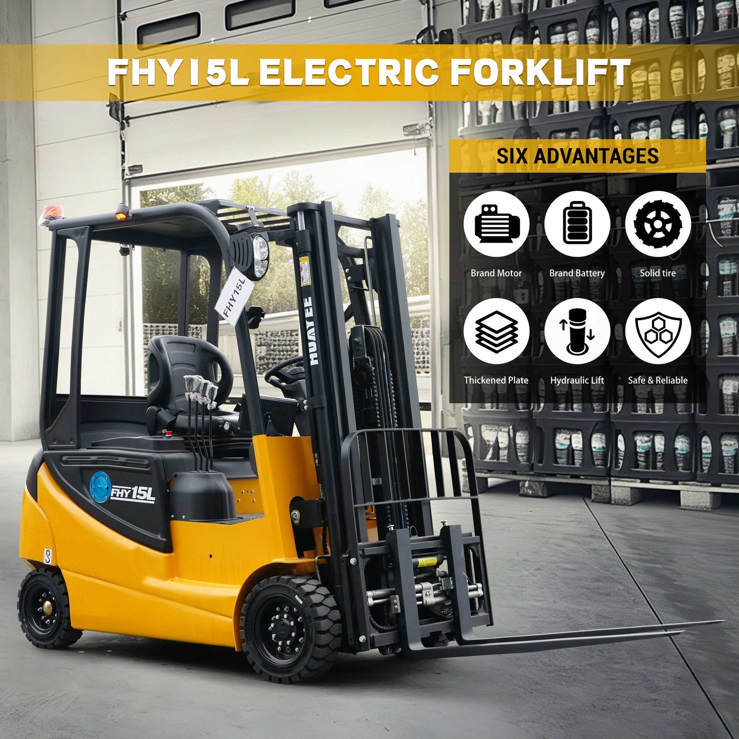 HUAYEE FHY15L 4-Wheel Electric Forklift | Lithium Battery | Max. Lifting Capacity: 2,645 lbs | Max. Lifting Height: 118 inches