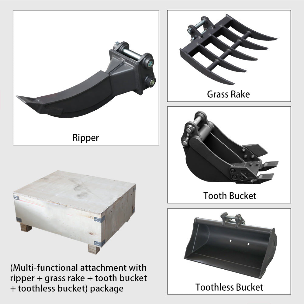 HUAYEE HYE05 attachment set—including a 200mm narrow bucket, an 800mm toothless bucket, a grass rake, a ripper, and a 4-in-1 bucket—designed for 2-ton class mini excavators.