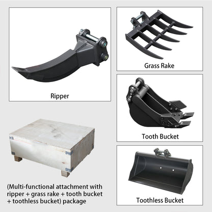 HUAYEE HYE05 attachment set—including a 200mm narrow bucket, an 800mm toothless bucket, a grass rake, a ripper, and a 4-in-1 bucket—designed for 2-ton class mini excavators.