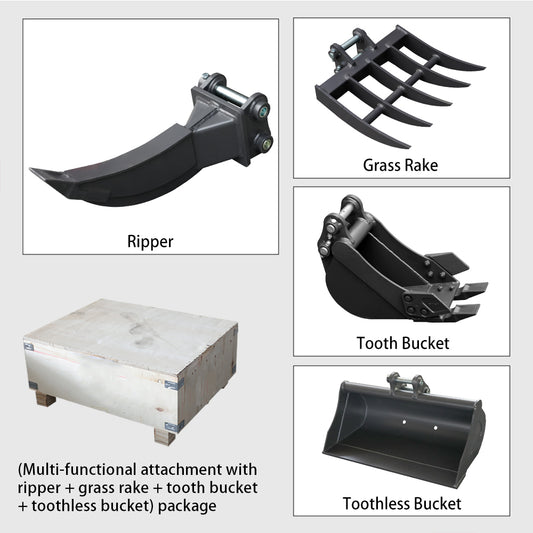 HUAYEE HYE05 attachment set—including a 200mm narrow bucket, an 800mm toothless bucket, a grass rake, a ripper, and a 4-in-1 bucket—designed for 2-ton class mini excavators.