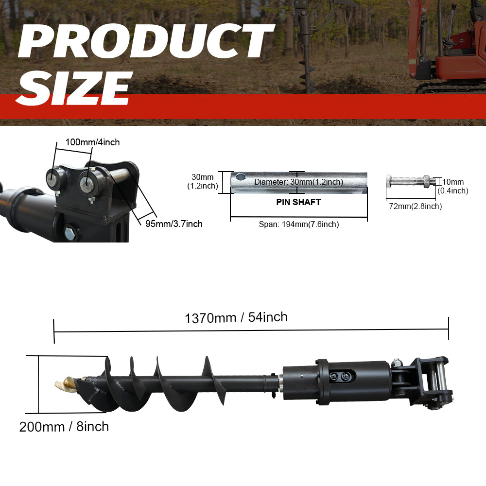 Mini Excavator Auger | 32 x 8 inches (Suitable for 2-Ton Class Models) | HUAYEE HYE06