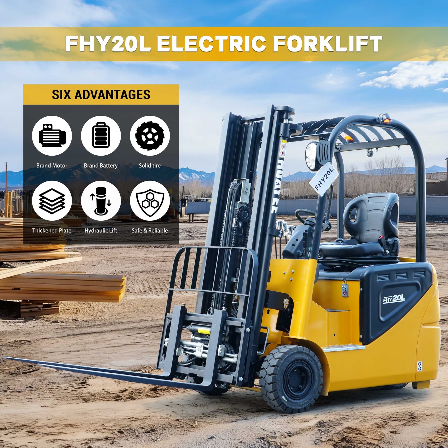 HUAYEE FHY20L Electric Forklift | Lithium Battery | Max. Lifting Capacity: 3,968 lbs | Max. Lifting Height: 118 inches