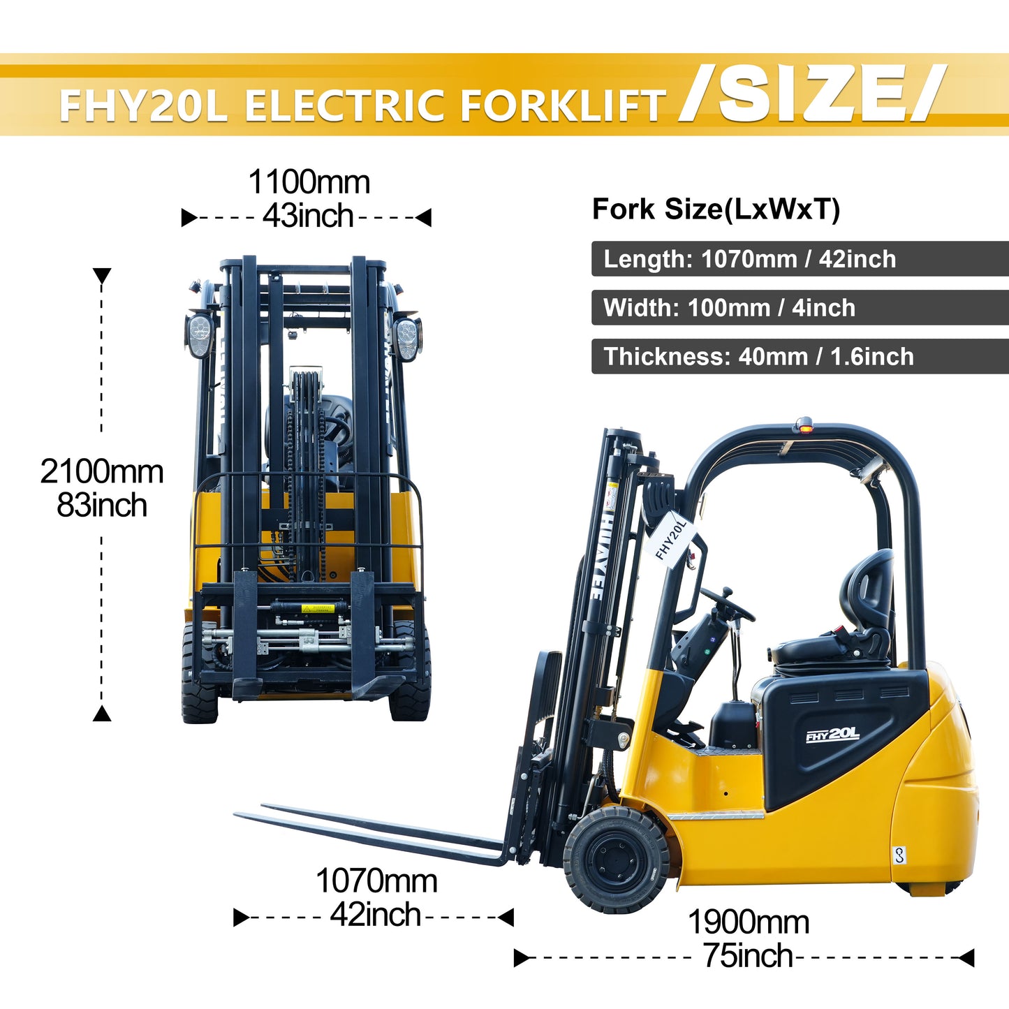 HUAYEE FHY20L Electric Forklift | Lithium Battery | Max. Lifting Capacity: 3,968 lbs | Max. Lifting Height: 118 inches