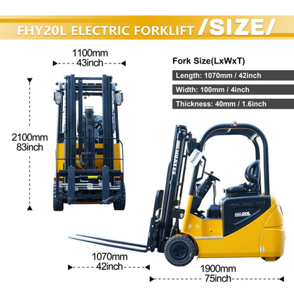 HUAYEE FHY20L Electric Forklift | Lithium Battery | Max. Lifting Capacity: 3,968 lbs | Max. Lifting Height: 118 inches