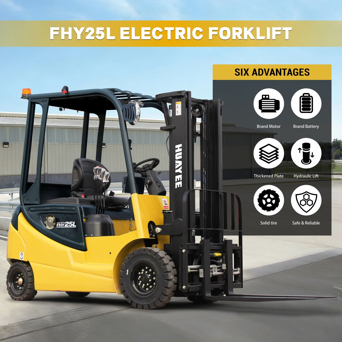 HUAYEE FHY25L Electric Forklift | Lithium Battery | Max. Lifting Capacity: 5,511 lbs | Max. Lifting Height: 118 inches