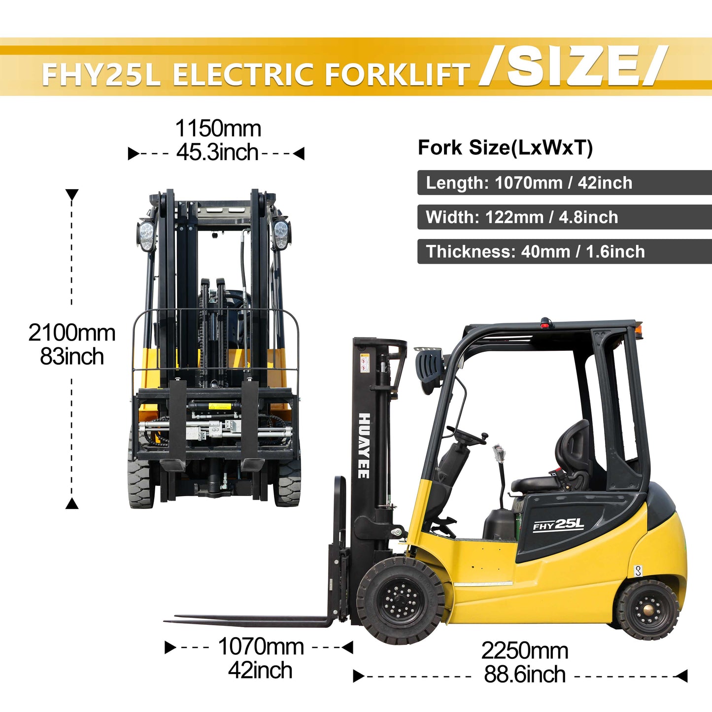 HUAYEE FHY25L Electric Forklift | Lithium Battery | Max. Lifting Capacity: 5,511 lbs | Max. Lifting Height: 118 inches