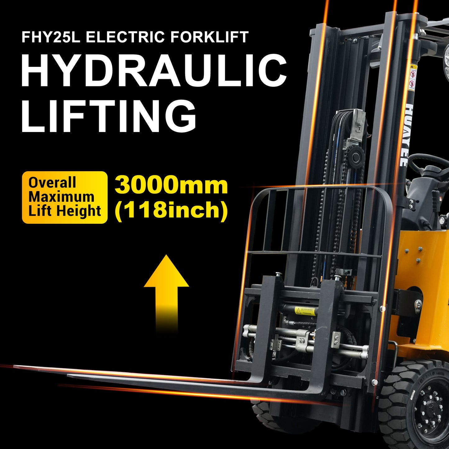 HUAYEE FHY25L Electric Forklift | Lithium Battery | Max. Lifting Capacity: 5,511 lbs | Max. Lifting Height: 118 inches