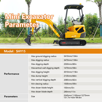 HUAYEE SHY15 | Mini Excavator - 1.5 Ton Compact Excavator with Kubota D722 Engine, 14 HP
