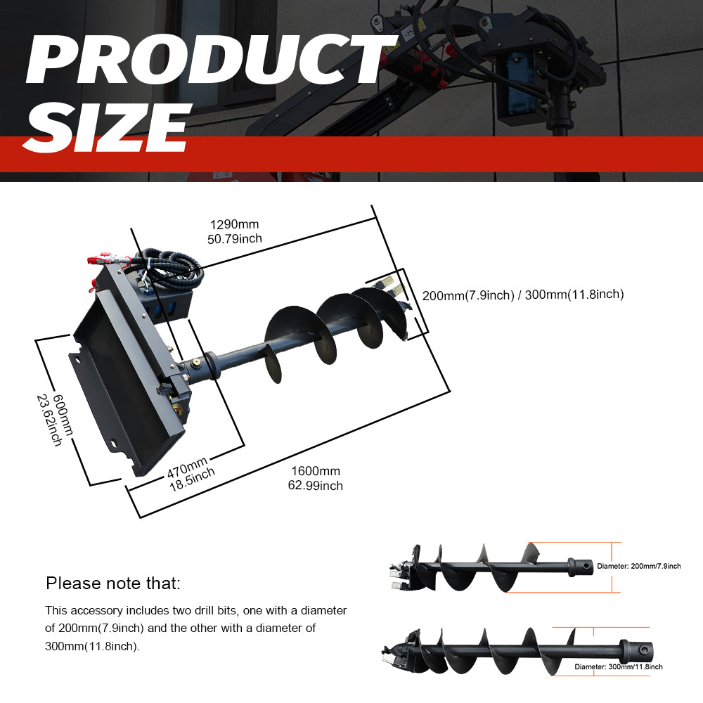 Australian Hydraulic Auger for Mini Skid Steers - w/ 200mm & 300mm Bits - Heavy-Duty Earth Drill