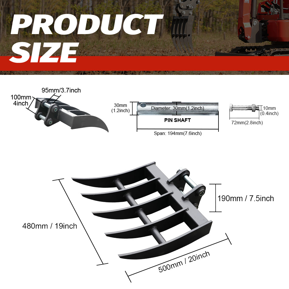 Rake for 2-Ton Mini Excavators | HUAYEE HYE05-3