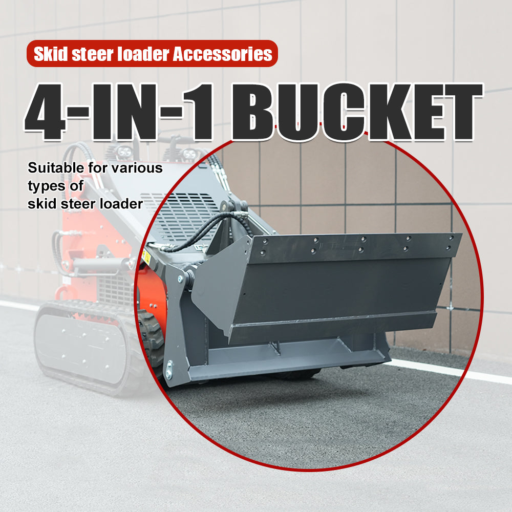 4-in-1 Bucket Attachment for Mini Skid Steer Loaders - Multi-Purpose Digging, Grading, Grappling & Dumping Bucket