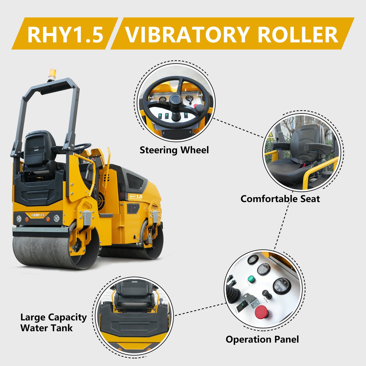 HUAYEE RHY1.5 Tandem Vibratory Road Roller - 1.5 Ton Ultra-Heavy Professional Road Compactor