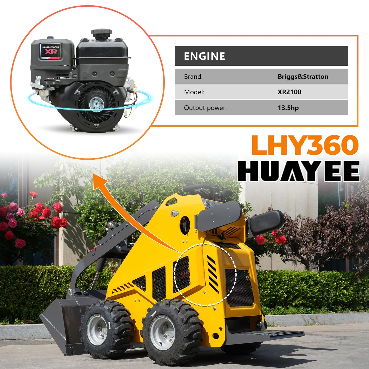 HUAYEE LHY360 Mini Skid Steer Loader - 13.5HP Briggs & Stratton Engine, 200kg Rated Load