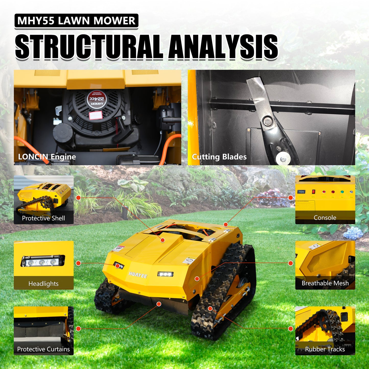 MHY55 Compact Remote Control Tracked Lawn Mower - 9HP LONCIN Gas Engine, 550mm Mowing Width