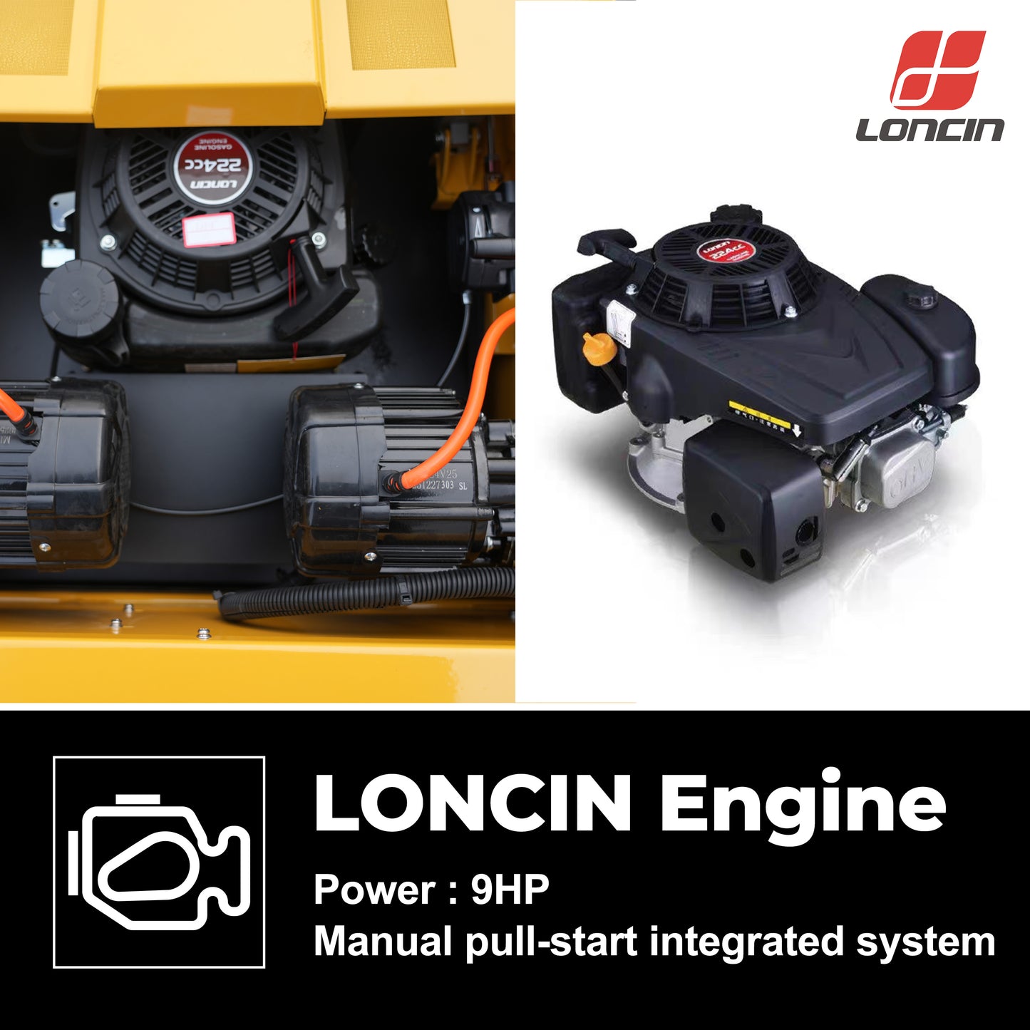 MHY55 Compact Remote-Controlled Tracked Mower — Powered by a 9 HP Loncin gasoline engine, featuring a 550mm mowing width and a remote-controlled lifting dozer blade.