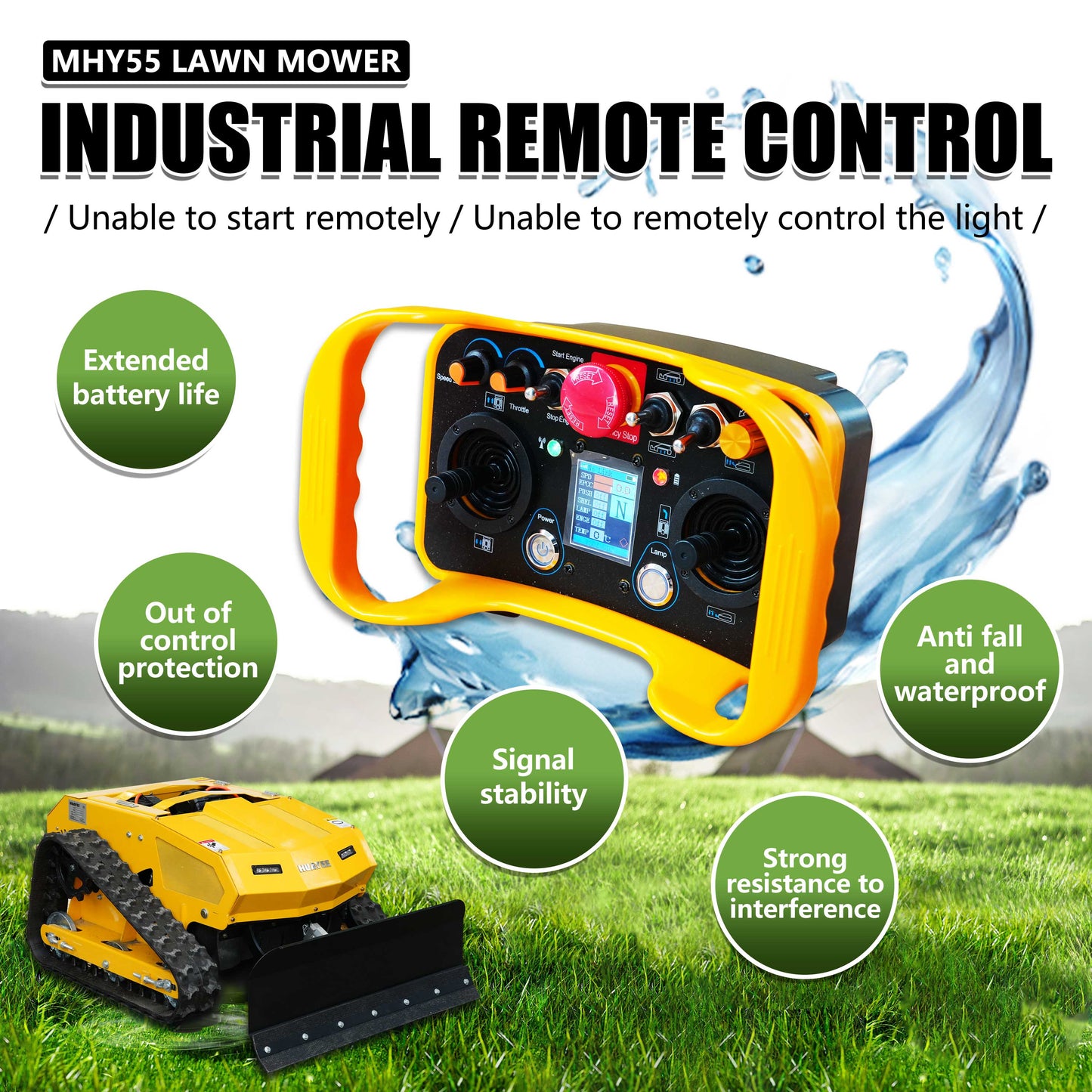 MHY55 Compact Remote-Controlled Tracked Mower — Powered by a 9 HP Loncin gasoline engine, featuring a 550mm mowing width and a remote-controlled lifting dozer blade.