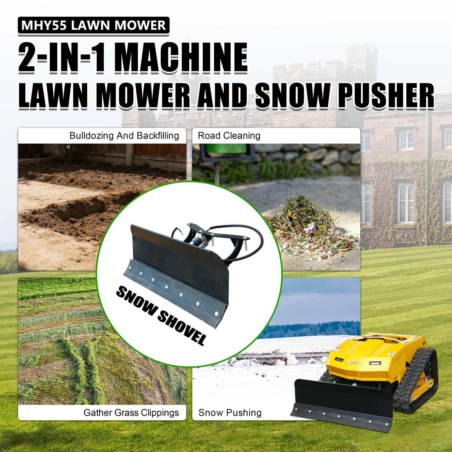MHY55 Compact Remote-Controlled Tracked Mower — Powered by a 9 HP Loncin gasoline engine, featuring a 550mm mowing width and a remote-controlled lifting dozer blade.