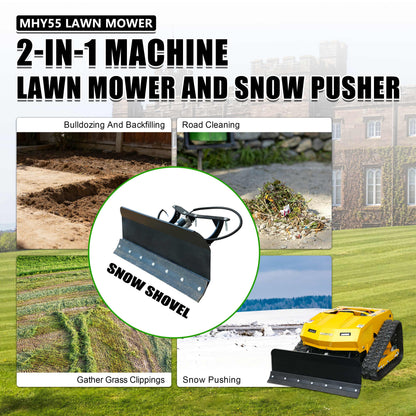 MHY55 Compact Remote-Controlled Tracked Mower — Powered by a 9 HP Loncin gasoline engine, featuring a 550mm mowing width and a remote-controlled lifting dozer blade.