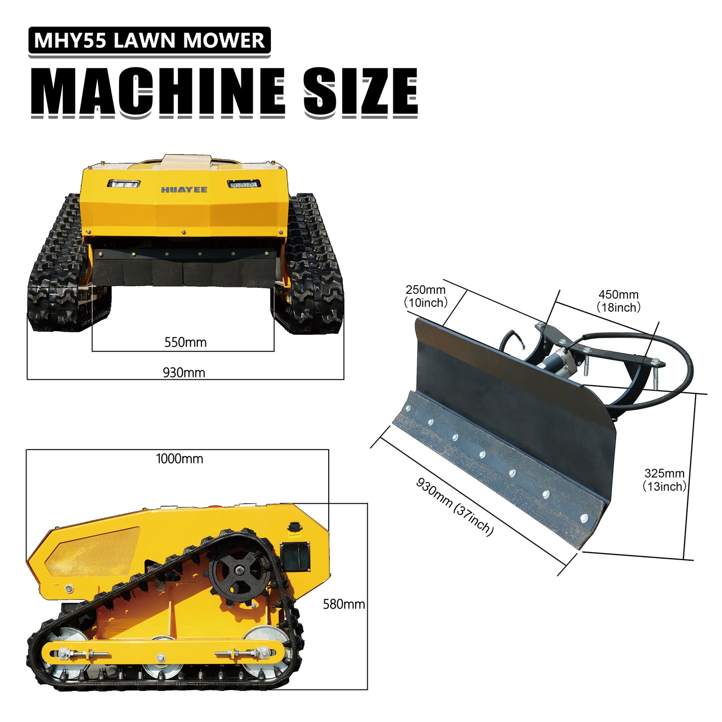 MHY55 Compact Remote-Controlled Tracked Mower — Powered by a 9 HP Loncin gasoline engine, featuring a 550mm mowing width and a remote-controlled lifting dozer blade.
