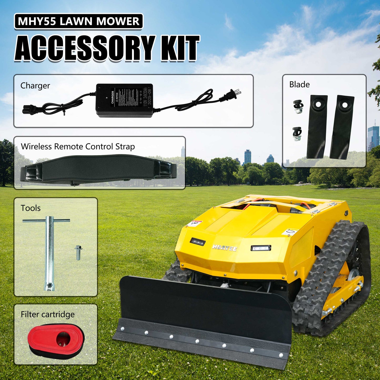 MHY55 Compact Remote-Controlled Tracked Mower — Powered by a 9 HP Loncin gasoline engine, featuring a 550mm mowing width and a remote-controlled lifting dozer blade.