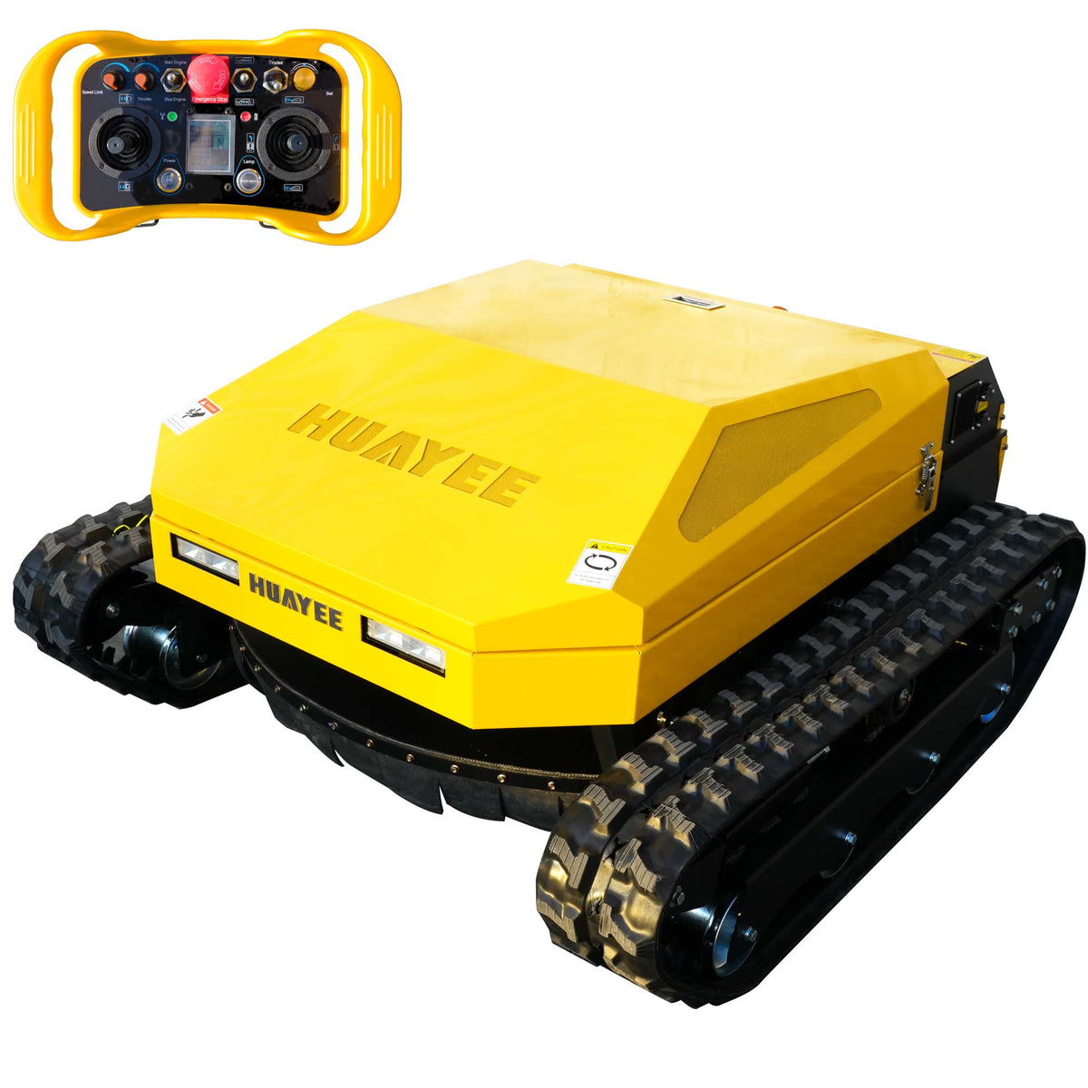 MHY90 Compact Remote-Controlled Tracked Mower—powered by a 22 HP Loncin gasoline engine, featuring a 900 mm cutting width and a remote-controlled lifting dozer blade.