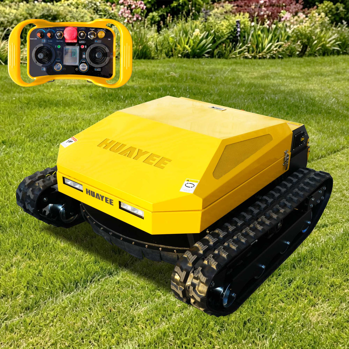 MHY90 Compact Remote-Controlled Tracked Mower—powered by a 22 HP Loncin gasoline engine, featuring a 900 mm cutting width and a remote-controlled lifting dozer blade.