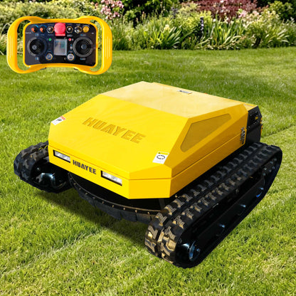 MHY90 Compact Remote-Controlled Tracked Mower—powered by a 22 HP Loncin gasoline engine, featuring a 900 mm cutting width and a remote-controlled lifting dozer blade.