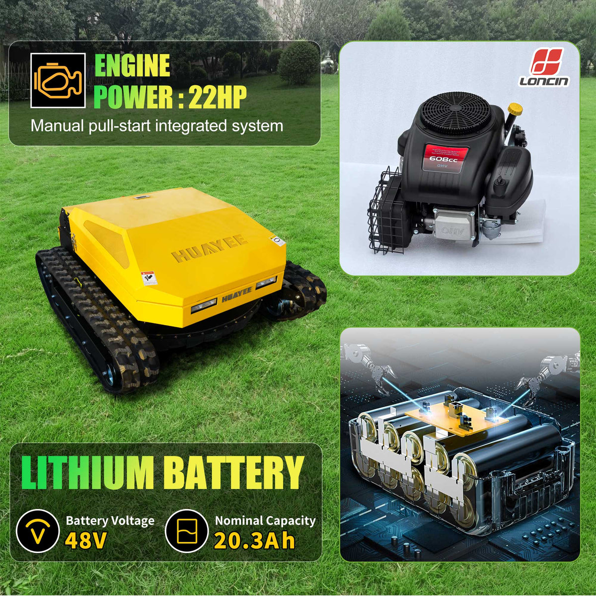 MHY90 Compact Remote-Controlled Tracked Mower—powered by a 22 HP Loncin gasoline engine, featuring a 900 mm cutting width and a remote-controlled lifting dozer blade.