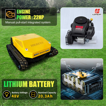 MHY90 Compact Remote-Controlled Tracked Mower—powered by a 22 HP Loncin gasoline engine, featuring a 900 mm cutting width and a remote-controlled lifting dozer blade.