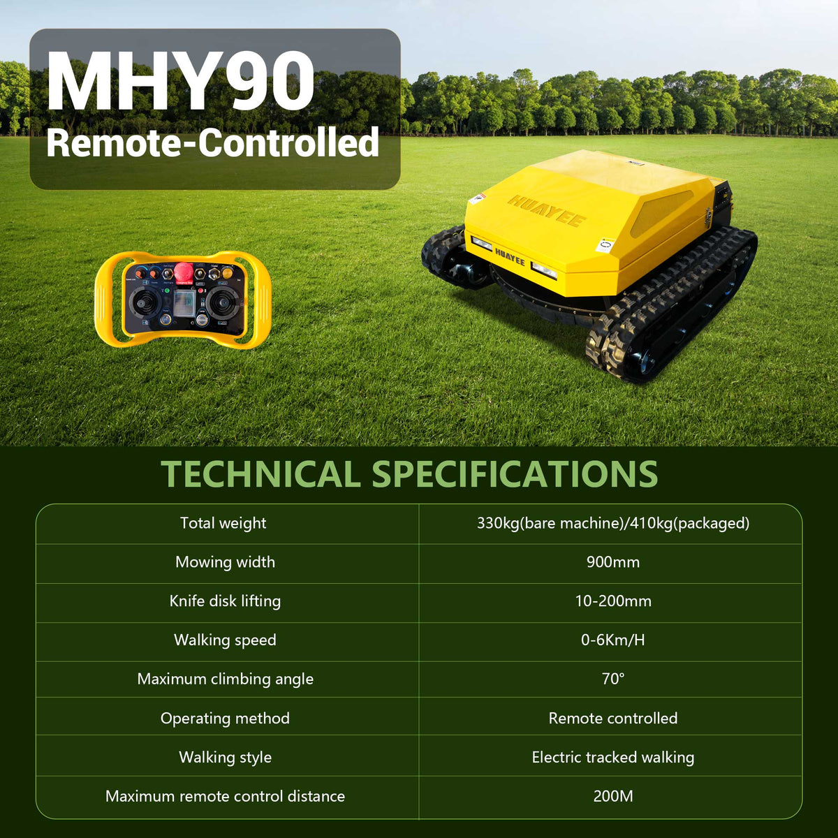 MHY90 Compact Remote-Controlled Tracked Mower—powered by a 22 HP Loncin gasoline engine, featuring a 900 mm cutting width and a remote-controlled lifting dozer blade.