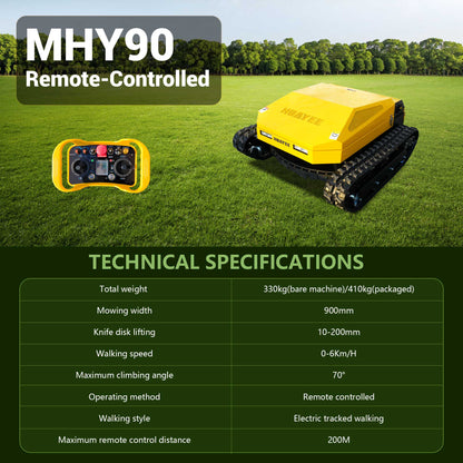 MHY90 Compact Remote-Controlled Tracked Mower—powered by a 22 HP Loncin gasoline engine, featuring a 900 mm cutting width and a remote-controlled lifting dozer blade.