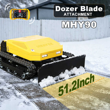 MHY90 Compact Remote-Controlled Tracked Mower—powered by a 22 HP Loncin gasoline engine, featuring a 900 mm cutting width and a remote-controlled lifting dozer blade.