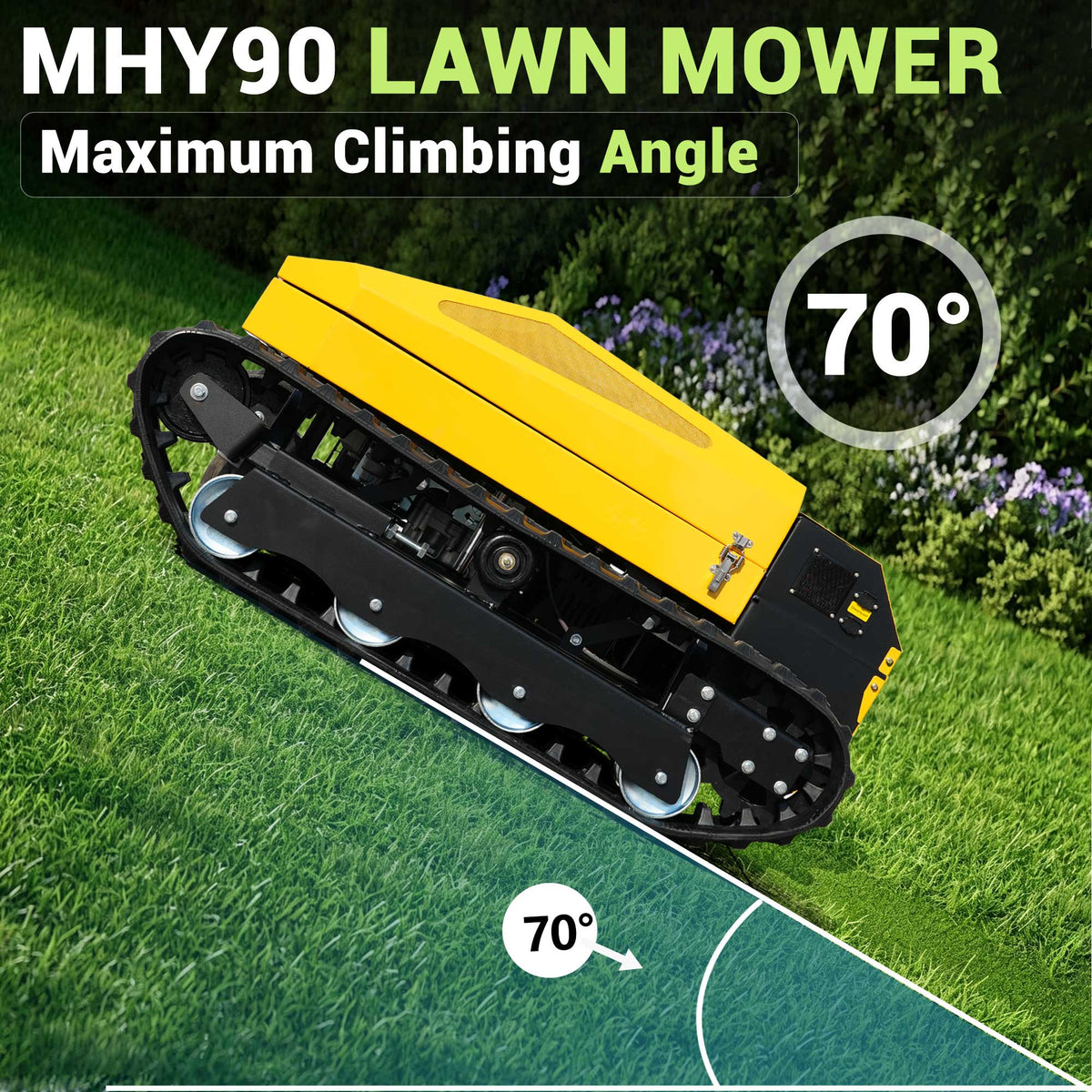 MHY90 Compact Remote-Controlled Tracked Mower—powered by a 22 HP Loncin gasoline engine, featuring a 900 mm cutting width and a remote-controlled lifting dozer blade.