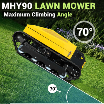 MHY90 Compact Remote-Controlled Tracked Mower—powered by a 22 HP Loncin gasoline engine, featuring a 900 mm cutting width and a remote-controlled lifting dozer blade.