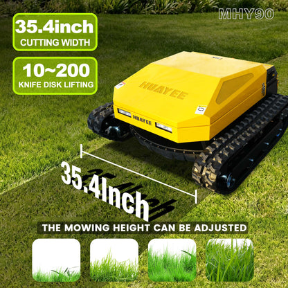 MHY90 Compact Remote-Controlled Tracked Mower—powered by a 22 HP Loncin gasoline engine, featuring a 900 mm cutting width and a remote-controlled lifting dozer blade.
