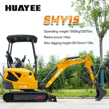 HUAYEE SHY15 | Mini Excavator - 1.5 Ton Compact Excavator with Kubota D722 Engine, 14 HP