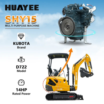 HUAYEE SHY15 | Mini Excavator - 1.5 Ton Compact Excavator with Kubota D722 Engine, 14 HP
