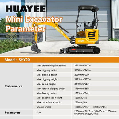 HUAYEE SHY20 Mini Excavator - 1.68 Ton Compact Excavator with Kubota D902 Engine, 16 HP