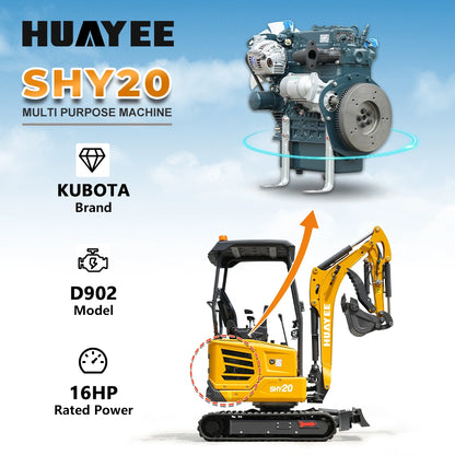 HUAYEE SHY20 Mini Excavator - 1.68 Ton Compact Excavator with Kubota D902 Engine, 16 HP