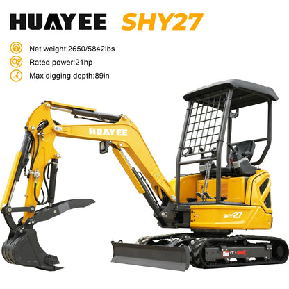 HUAYEE SHY27 Mini Excavator - 2.7 Ton Compact Excavator with Kubota D1105 Engine, 21 HP