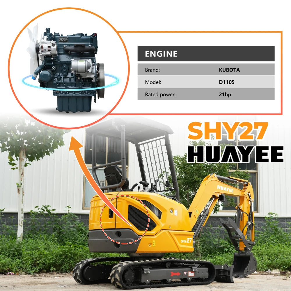 HUAYEE SHY27 Mini Excavator - 2.7 Ton Compact Excavator with Kubota D1105 Engine, 21 HP