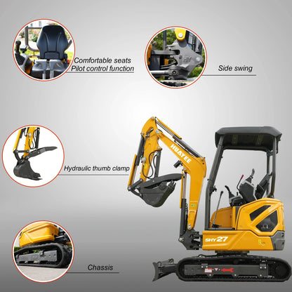 HUAYEE SHY27 Mini Excavator - 2.7 Ton Compact Excavator with Kubota D1105 Engine, 21 HP