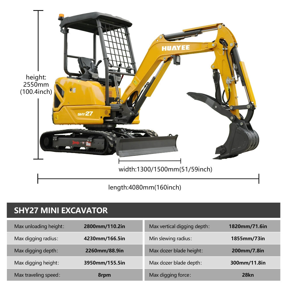 HUAYEE SHY27 Mini Excavator - 2.7 Ton Compact Excavator with Kubota D1105 Engine, 21 HP