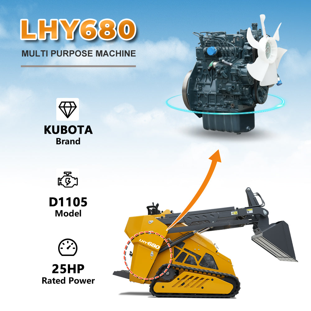 HUAYEE LHY680 Mini Skid Steer Loader - 25HP Kubota Diesel Engine, 780kg Rated Load, 1200kg Lift